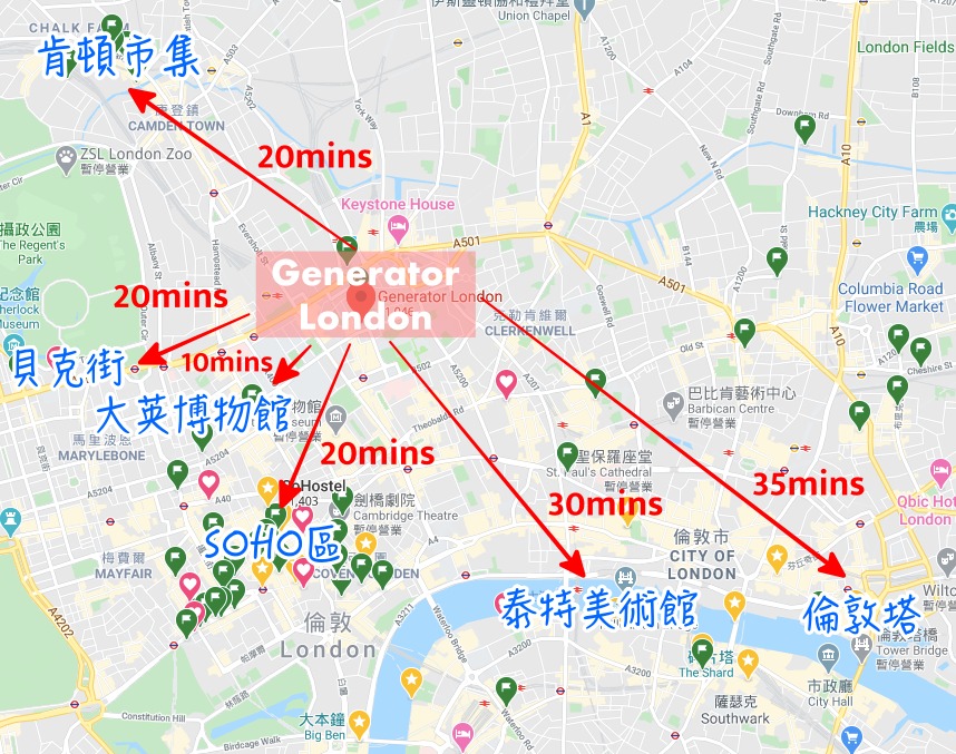 Generator London, 發電機青年旅館在哪, Generator hostel london map, Generator london 景點