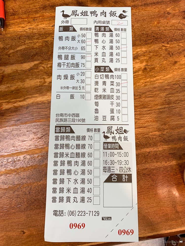 鳳姐鴨腿飯, 台南中西區美食, 台南鴨腿飯, 鳳姐鴨肉飯菜單, 台南鴨肉飯, 台南下水湯