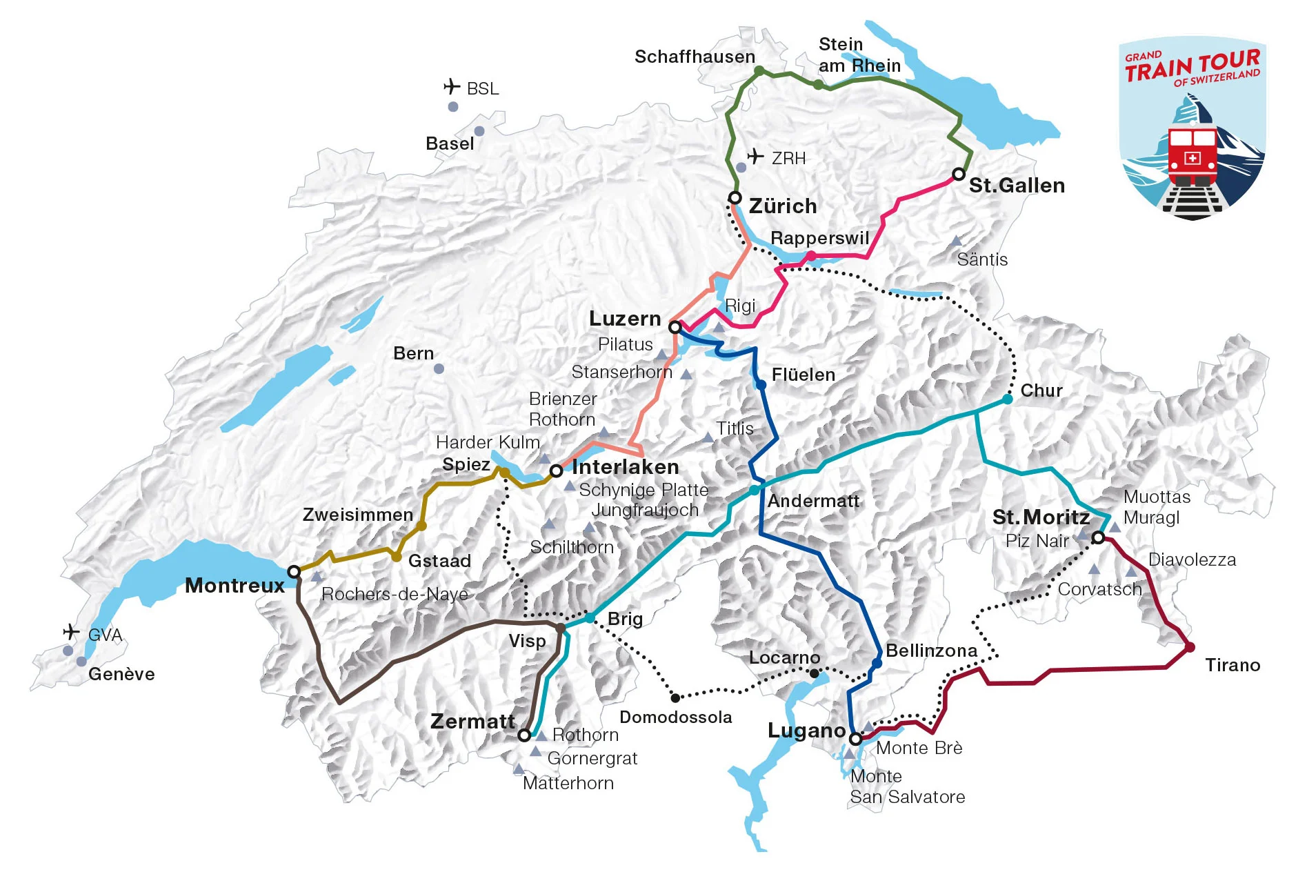 瑞士火車環遊路線 Gran Train Tour 地圖