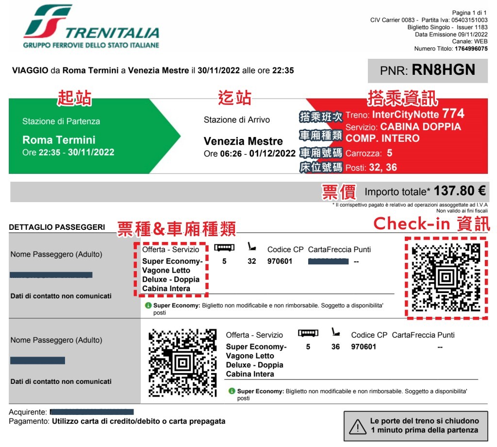 義大利火車 Trenitalia 臥鋪車票資訊